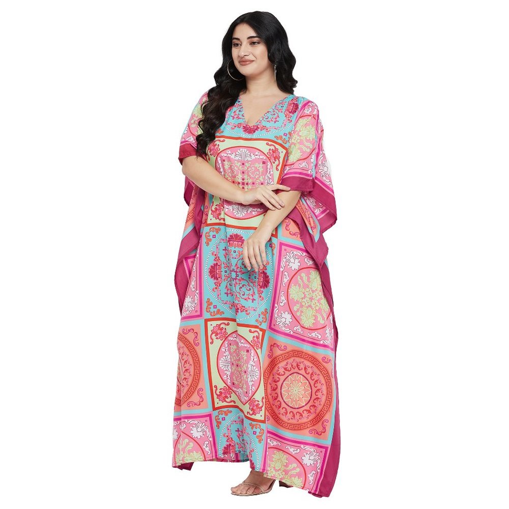 Plus Size Women Caftan Dress Pink Polyester Maxi Moo Moos Dresses for Party Wear - Picture 7 of 10